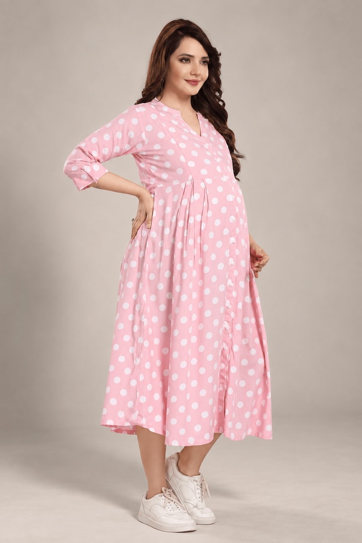 MomsBae Berry Custard Polka Dot Feeding Dress, alternate front view