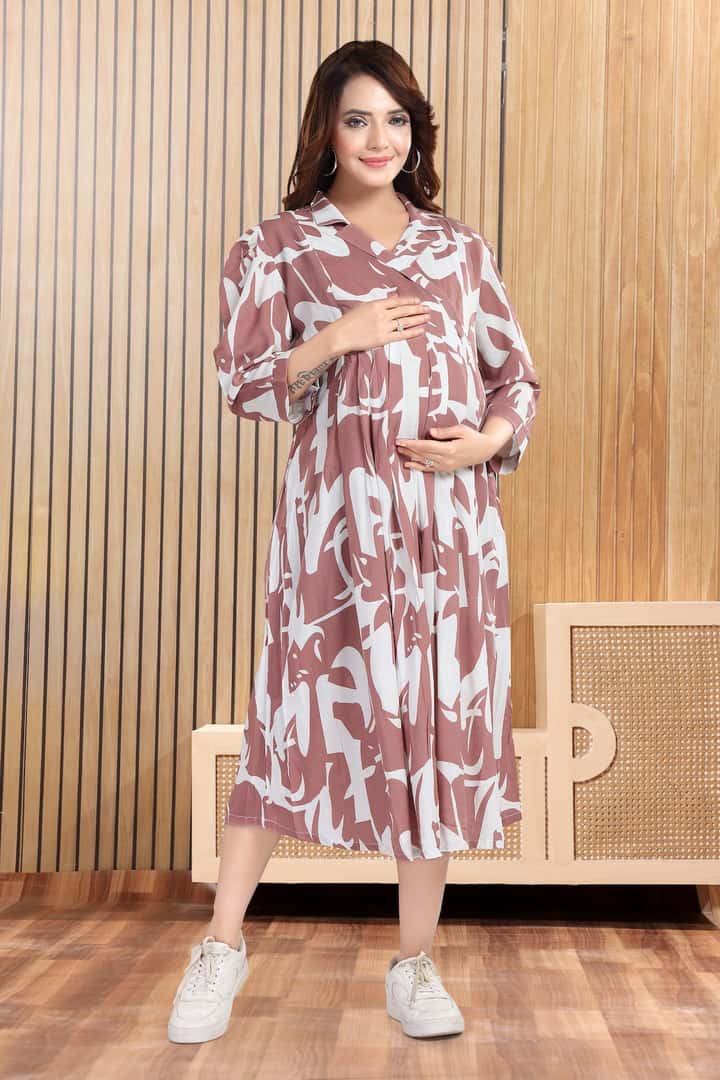 MomsBae Light Brown Printed Feeding Dress, front view