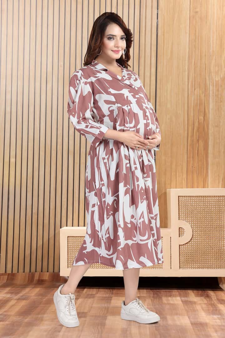MomsBae Light Brown Printed Feeding Dress, alternate front view
