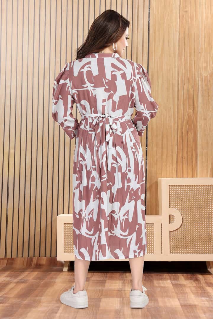 MomsBae Light Brown Printed Feeding Dress, back view