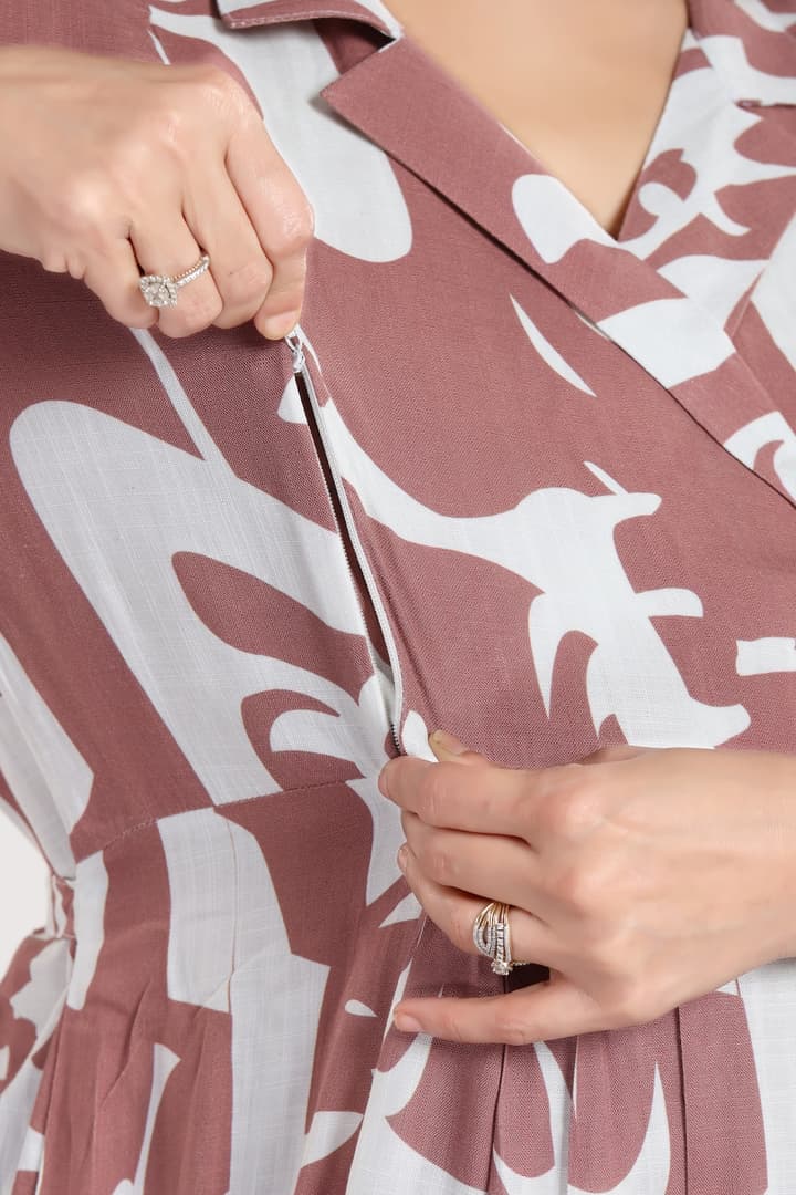 MomsBae Light Brown Printed Feeding Dress, nursing opening detail