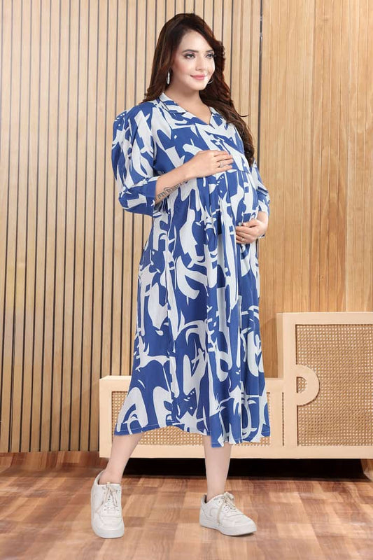 MomsBae True Blue Printed Feeding Dress, front view