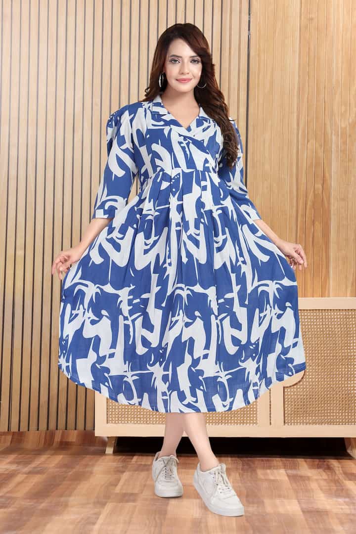 MomsBae True Blue Printed Feeding Dress, alternate front view