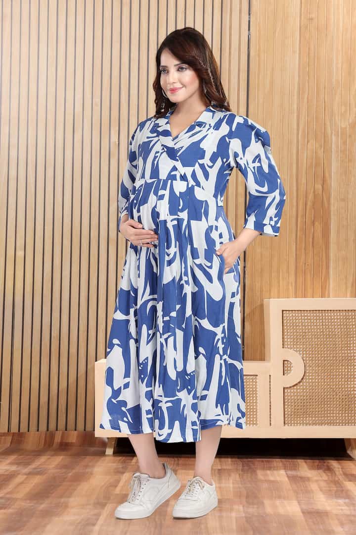 MomsBae True Blue Printed Feeding Dress, alternate front view