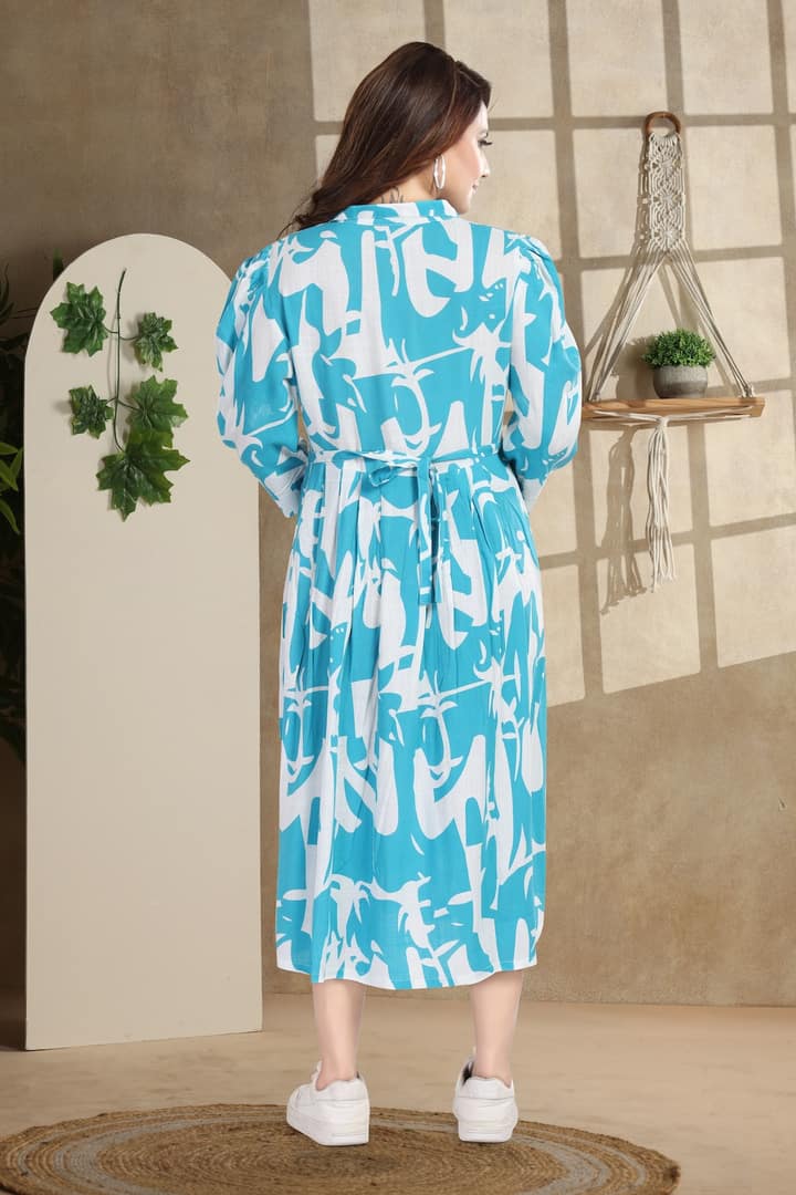 MomsBae Vivid Blue Printed Feeding Dress, back view