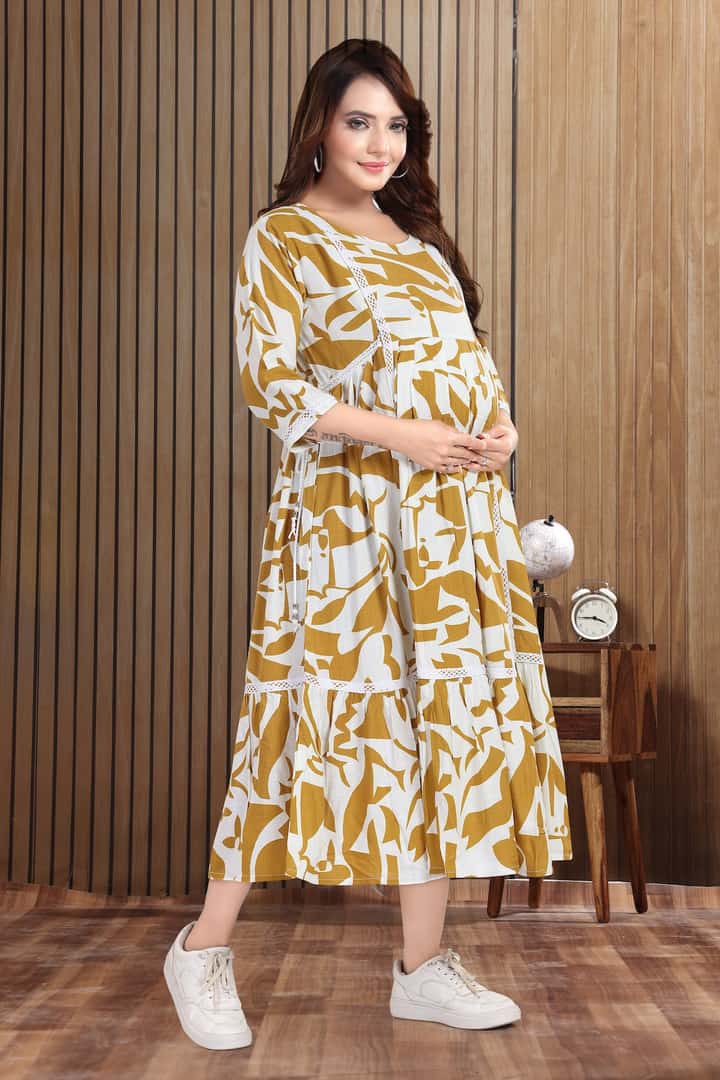 MomsBae Soft Green Printed Feeding Dress, front view