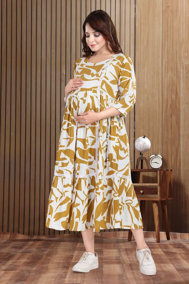 MomsBae Soft Green Printed Feeding Dress, alternate front view