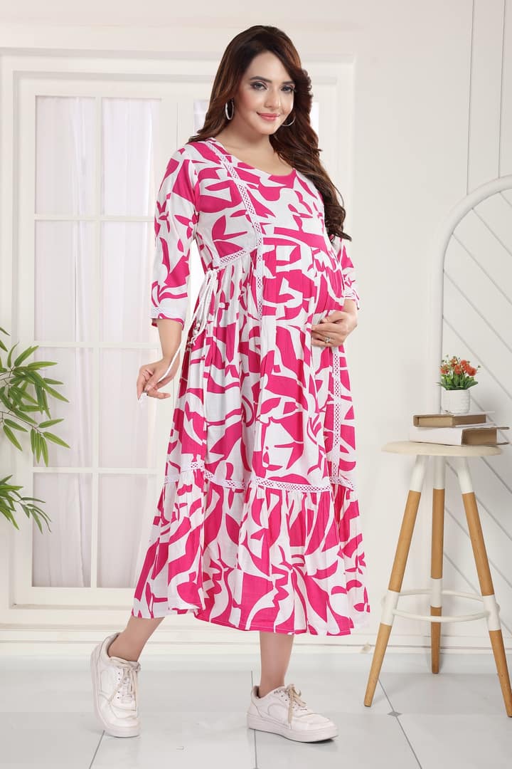MomsBae Bubblegum Pink Printed Feeding Dress, front view