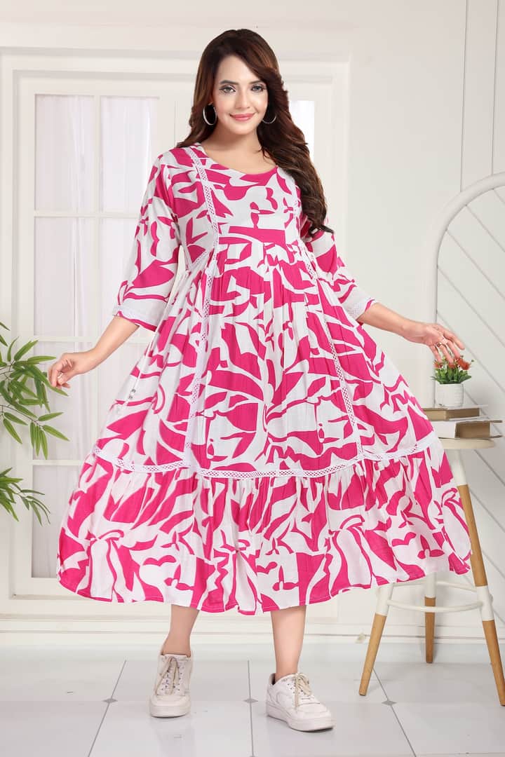 MomsBae Bubblegum Pink Printed Feeding Dress, alternate front view