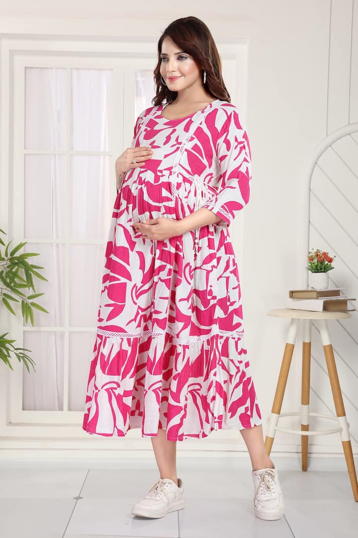 MomsBae Bubblegum Pink Printed Feeding Dress, alternate front view