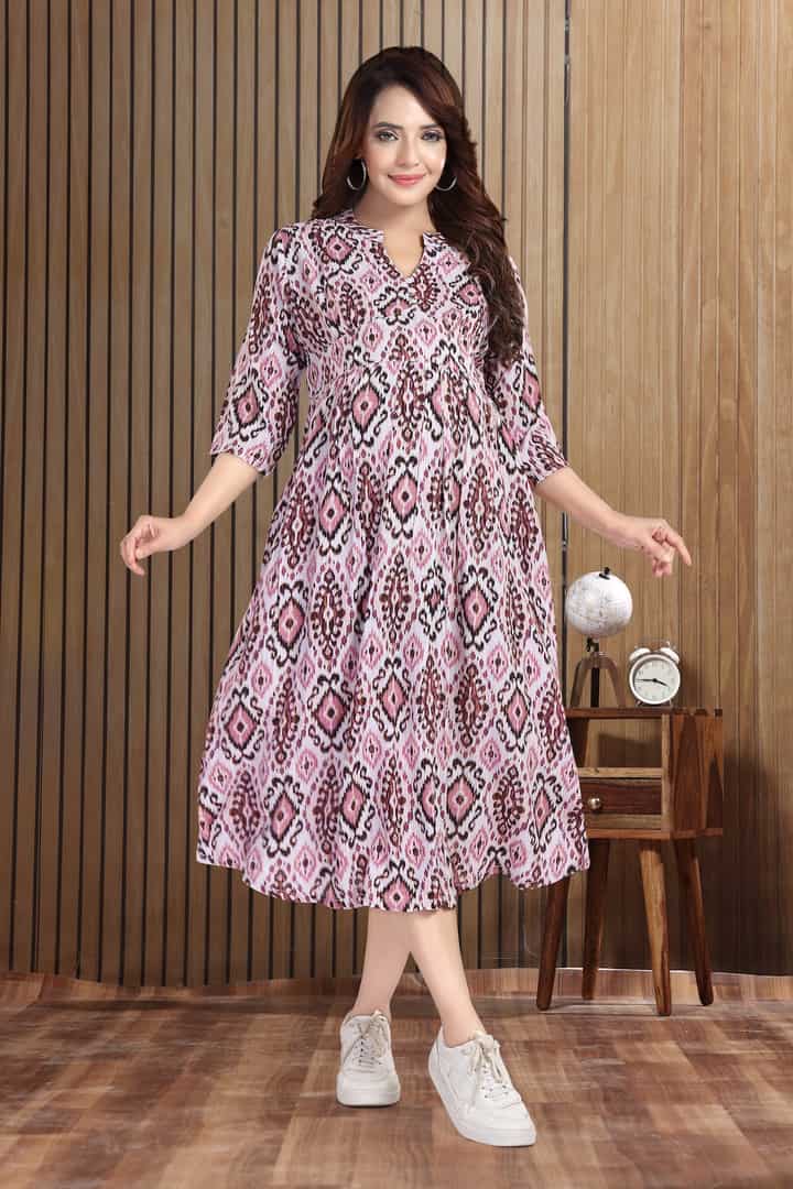 MomsBae Jaded Pink Motif Linen Maternity Dress, front view