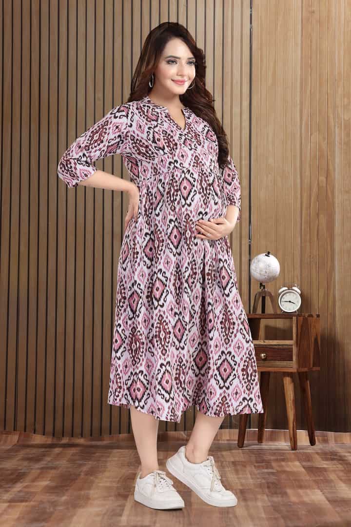 MomsBae Jaded Pink Motif Linen Maternity Dress, alternate front view