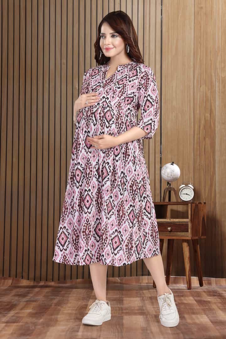 MomsBae Jaded Pink Motif Linen Maternity Dress, alternate front view