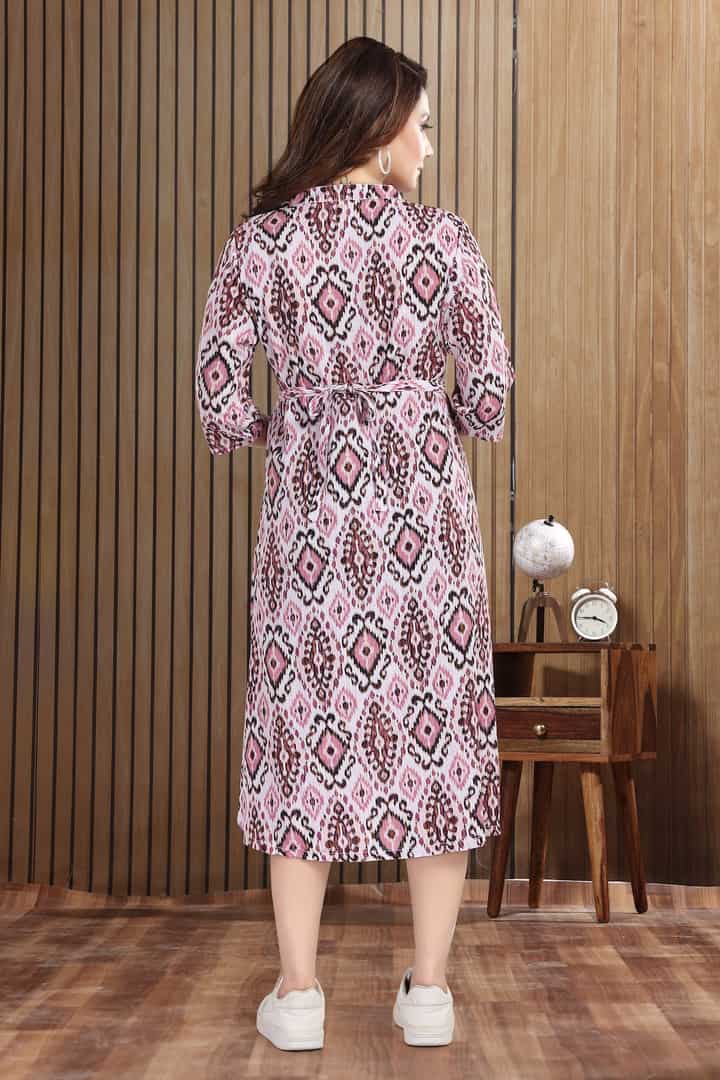 MomsBae Jaded Pink Motif Linen Maternity Dress, back view
