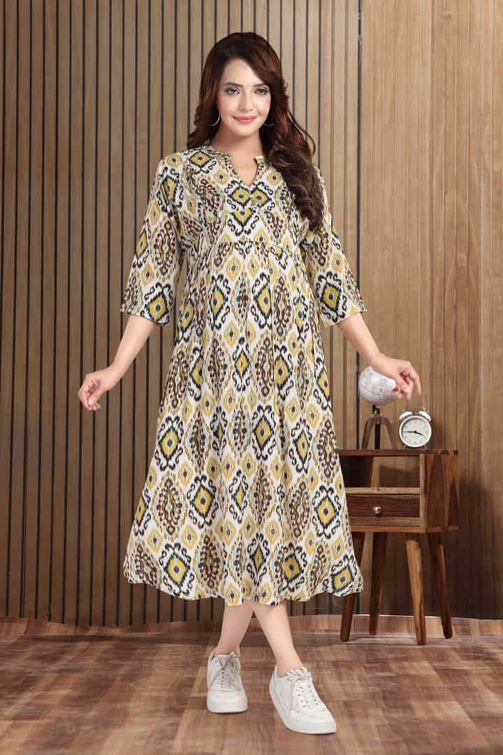 MomsBae Saffron Yellow Motif Linen Maternity Dress, front view