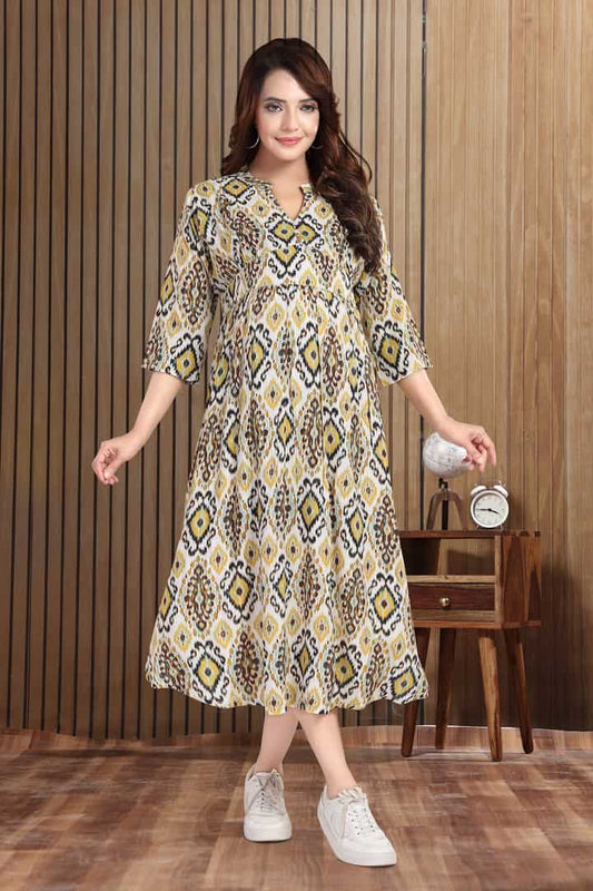 MomsBae Saffron Yellow Motif Linen Maternity Dress, front view