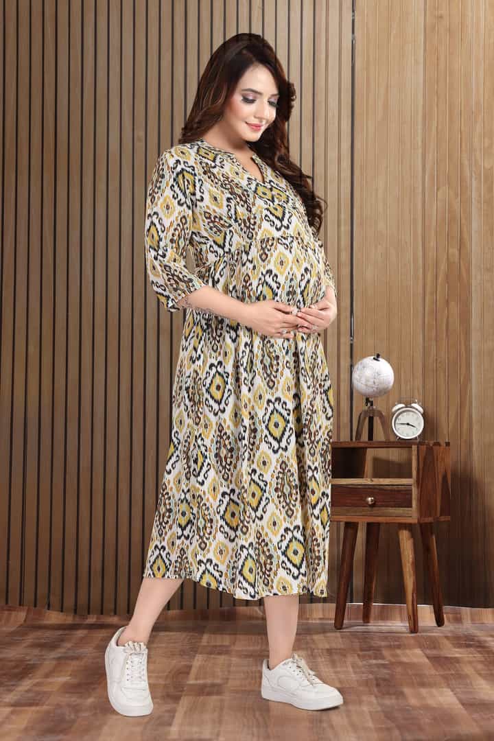 MomsBae Saffron Yellow Motif Linen Maternity Dress, alternate front view