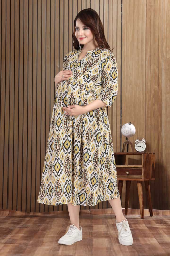 MomsBae Saffron Yellow Motif Linen Maternity Dress, alternate front view