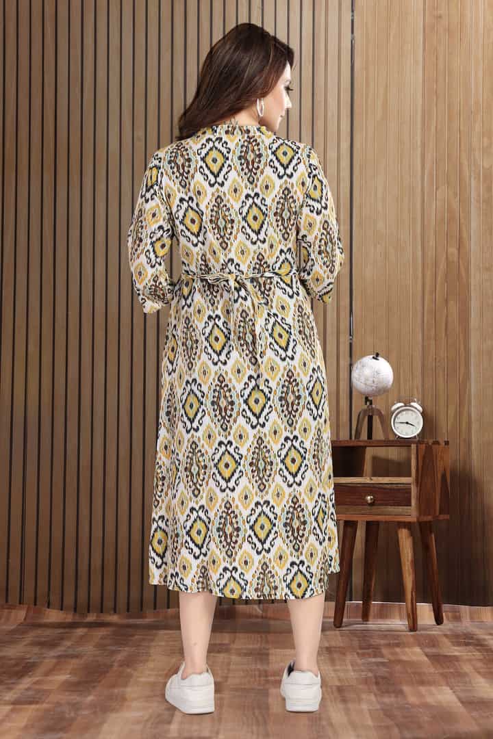 MomsBae Saffron Yellow Motif Linen Maternity Dress, back view