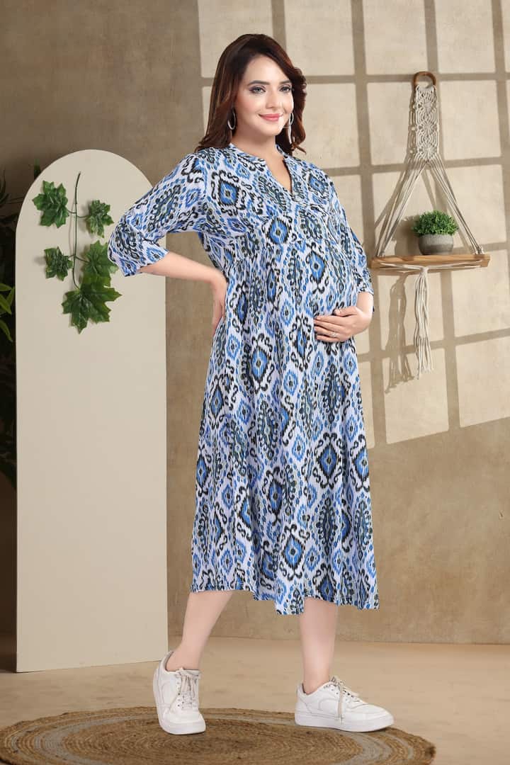 MomsBae Indian Motif Linen Printed Maternity Dress, alternate front view