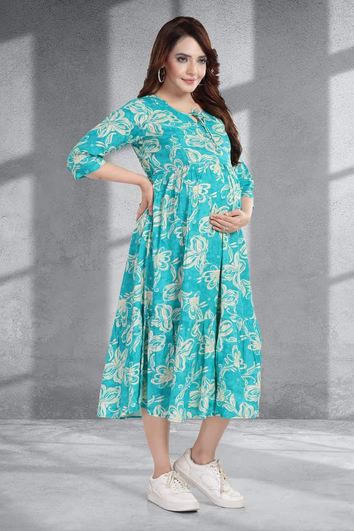 MomsBae Aquamarine Printed Feeding Dress, front view