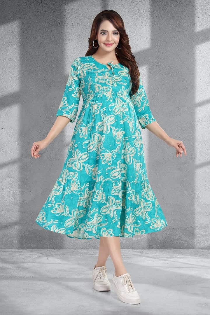 MomsBae Aquamarine Printed Feeding Dress, alternate front view