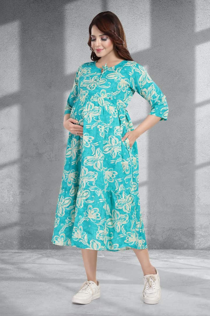 MomsBae Aquamarine Printed Feeding Dress, alternate front view