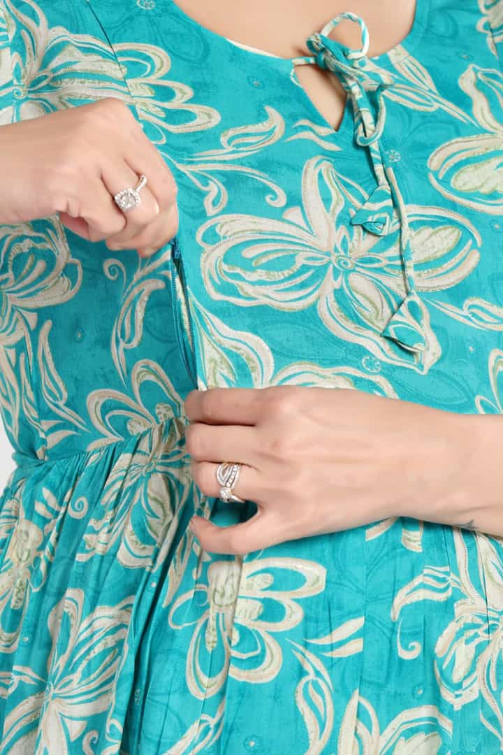 MomsBae Aquamarine Printed Feeding Dress, nursing opening detail