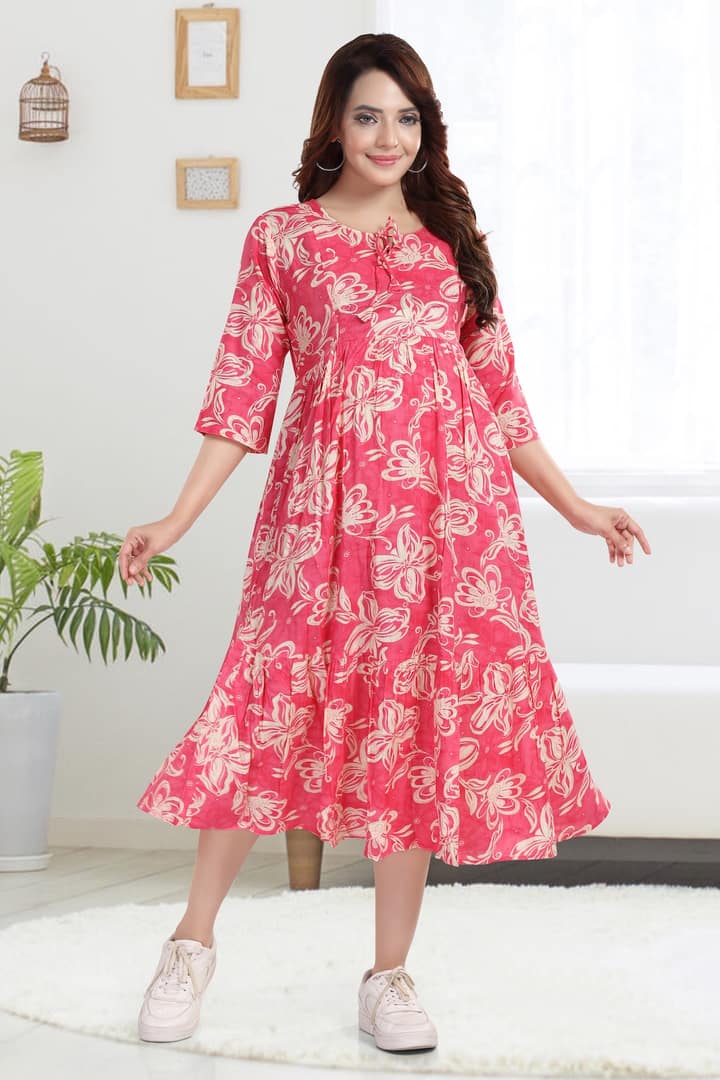 MomsBae Rose Pink Printed Feeding Dress, front view