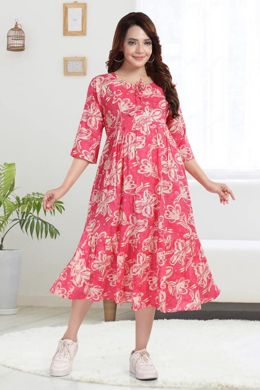 MomsBae Rose Pink Printed Feeding Dress, front view