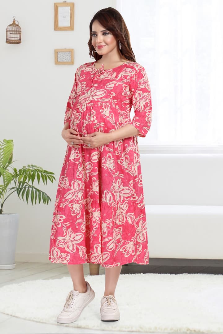 MomsBae Rose Pink Printed Feeding Dress, alternate front view