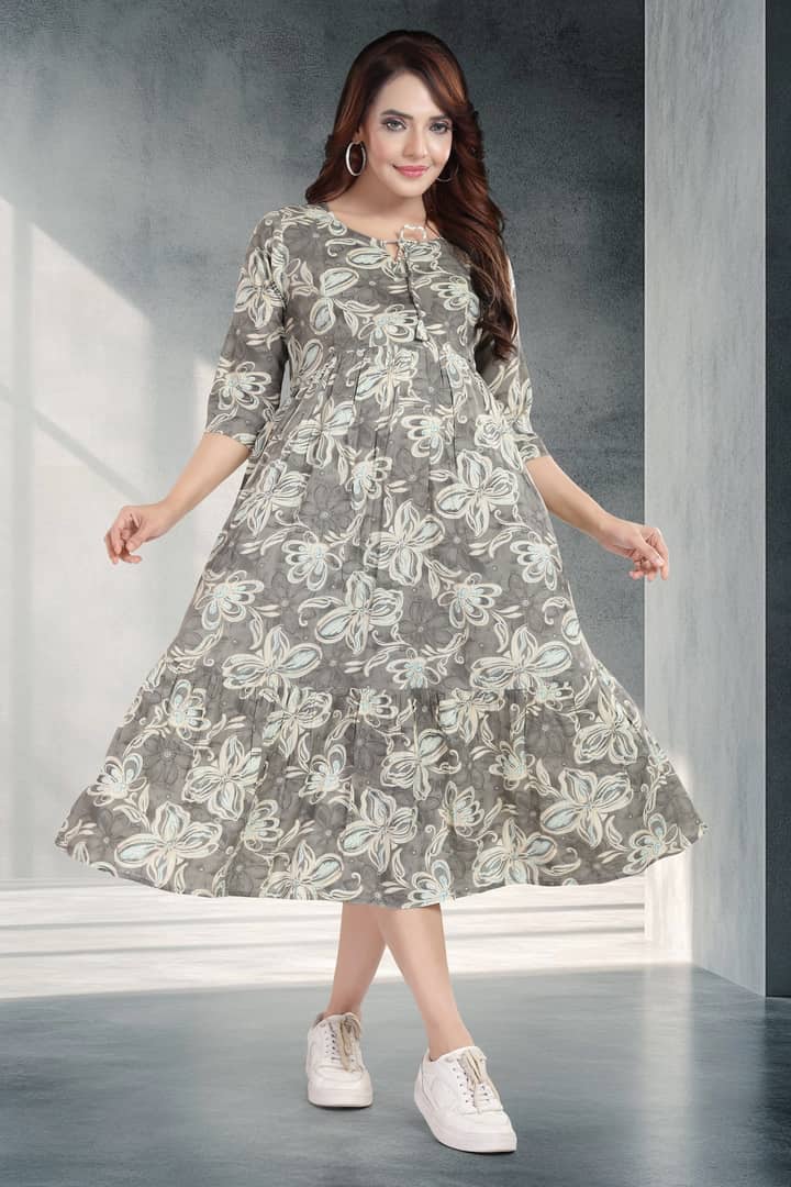 MomsBae Grey Cloud Printed Feeding Dress, front view