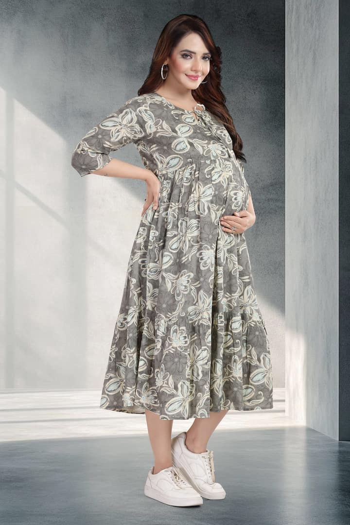 MomsBae Grey Cloud Printed Feeding Dress, alternate front view