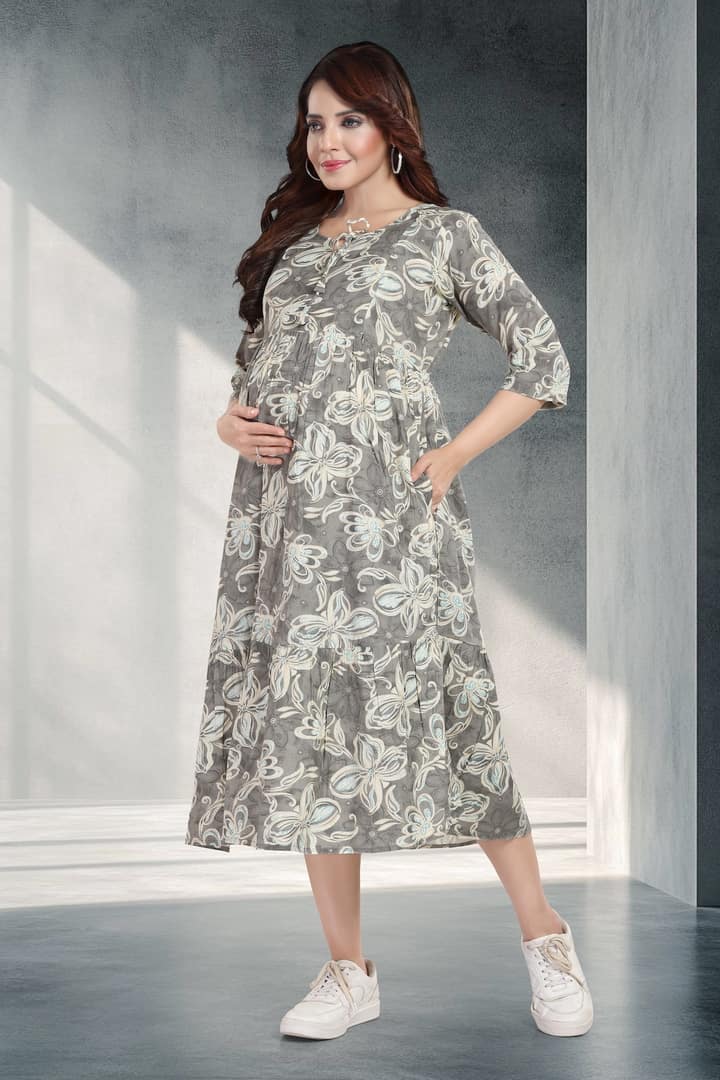 MomsBae Grey Cloud Printed Feeding Dress, alternate front view