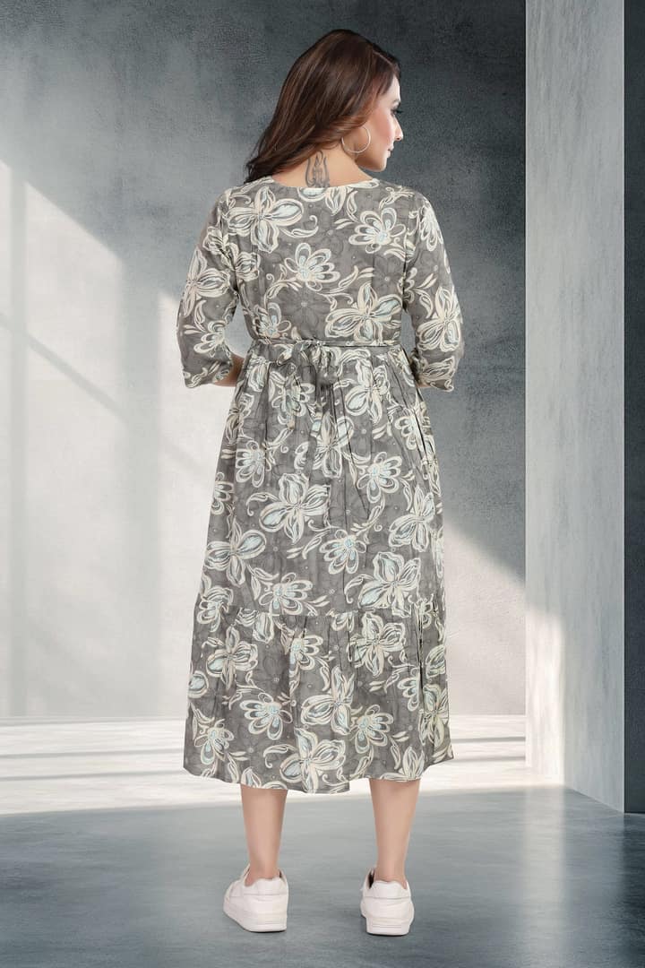 MomsBae Grey Cloud Printed Feeding Dress, back view