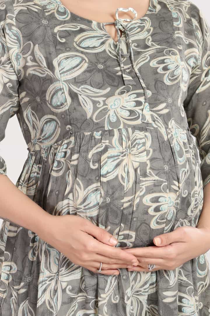 MomsBae Grey Cloud Printed Feeding Dress, neckline and print detail
