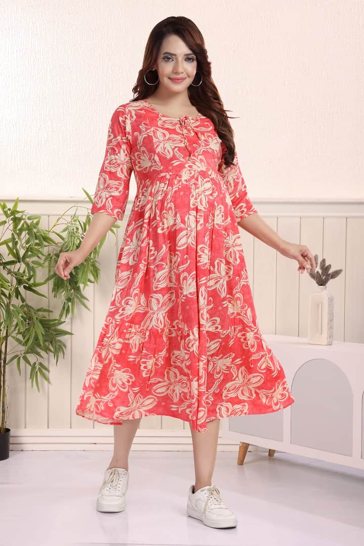 MomsBae Carrot Orange Printed Feeding Dress, front view