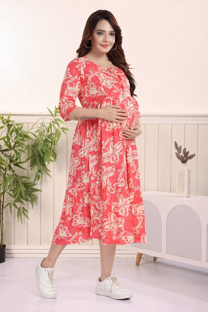 MomsBae Carrot Orange Printed Feeding Dress, alternate front view