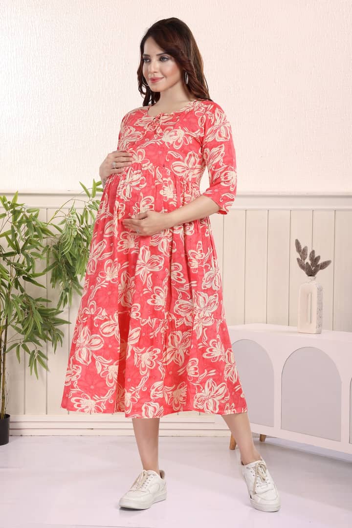MomsBae Carrot Orange Printed Feeding Dress, alternate front view