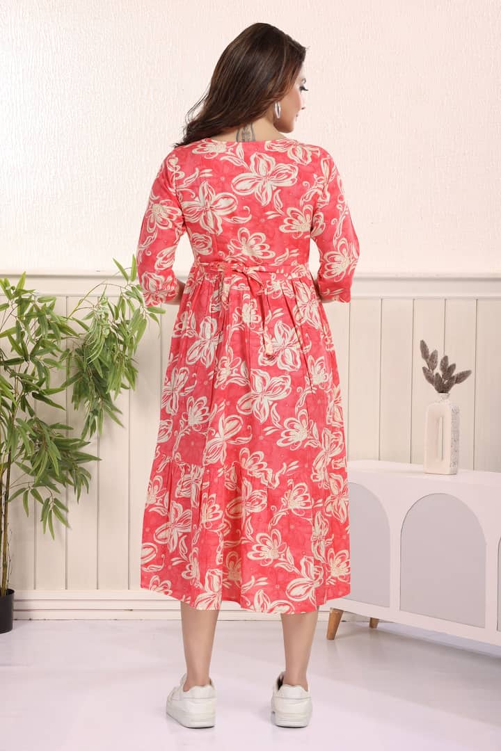 MomsBae Carrot Orange Printed Feeding Dress, back view