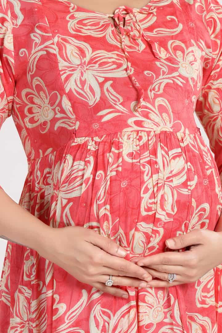 MomsBae Carrot Orange Printed Feeding Dress, neckline and print detail