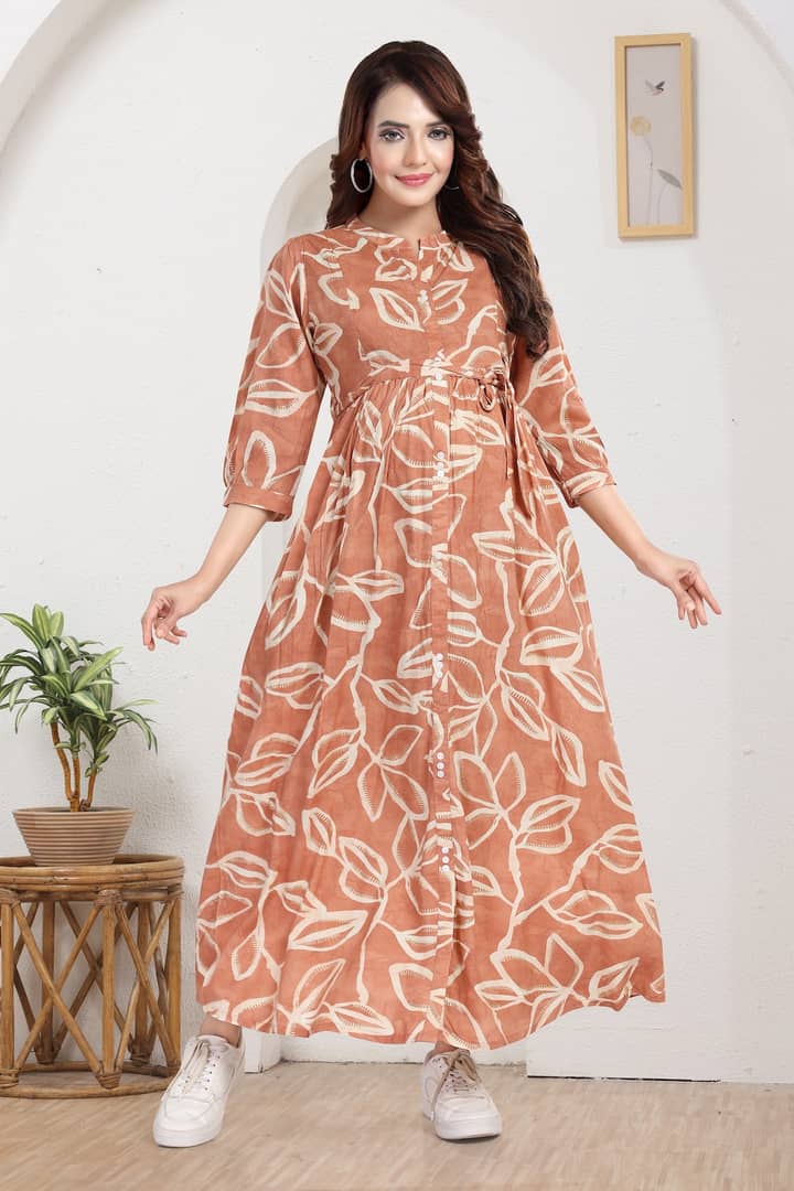 MomsBae Orange Cream Printed Maternity Dress, front view