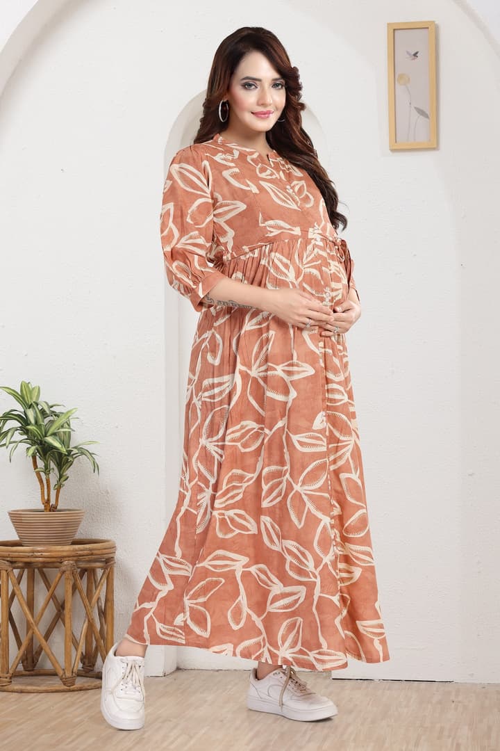 MomsBae Orange Cream Printed Maternity Dress, alternate front view