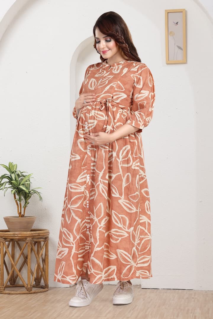 MomsBae Orange Cream Printed Maternity Dress, alternate front view