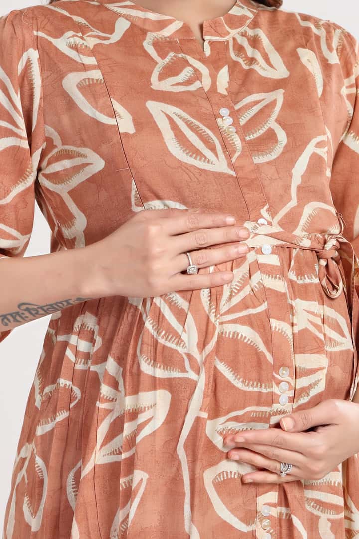 MomsBae Orange Cream Printed Maternity Dress, neckline and print detail