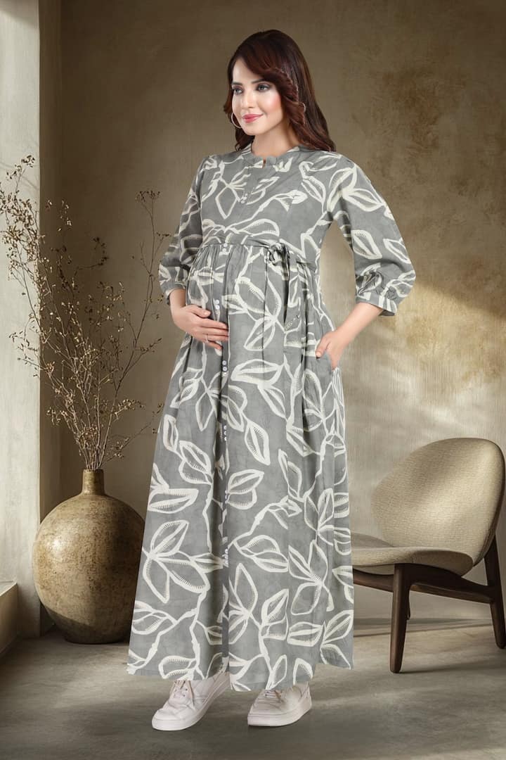 MomsBae Pastel Grey Printed Maternity Dress, alternate front view