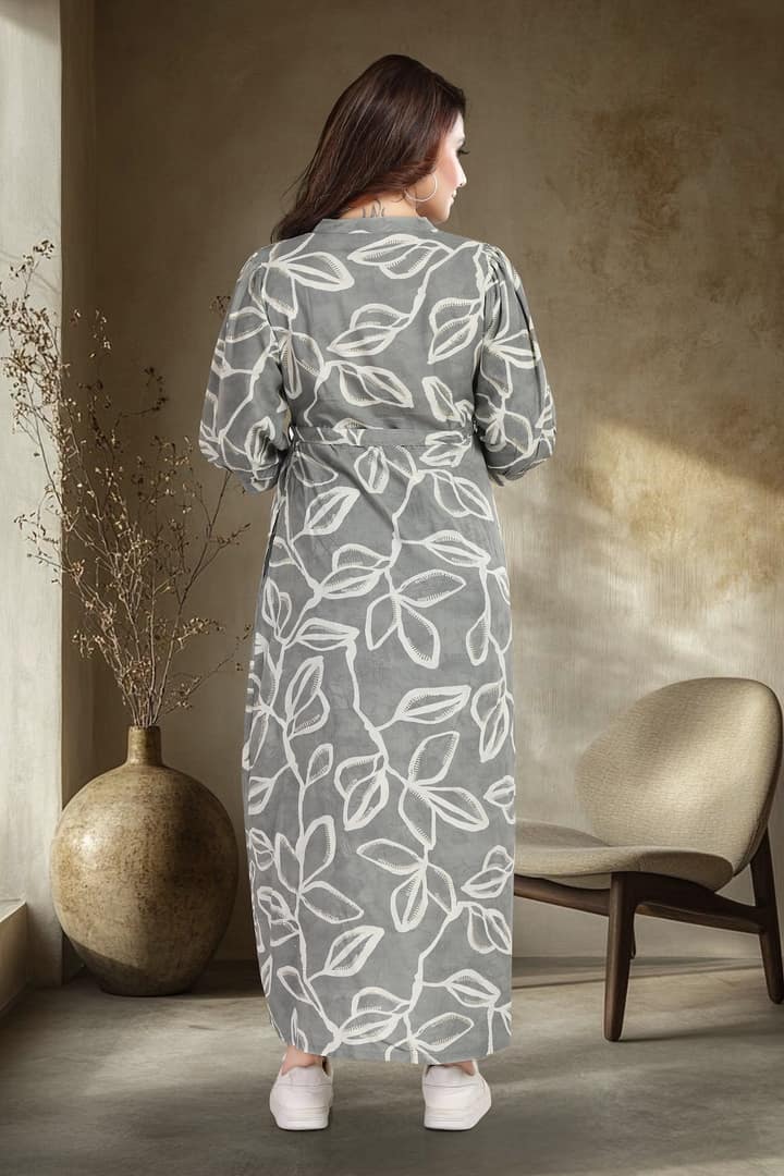 MomsBae Pastel Grey Printed Maternity Dress, back view