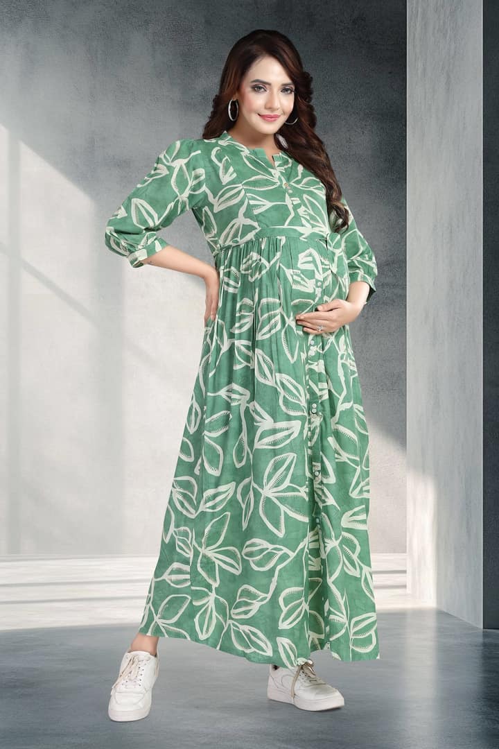 MomsBae Jade Green Printed Maternity Dress, front view