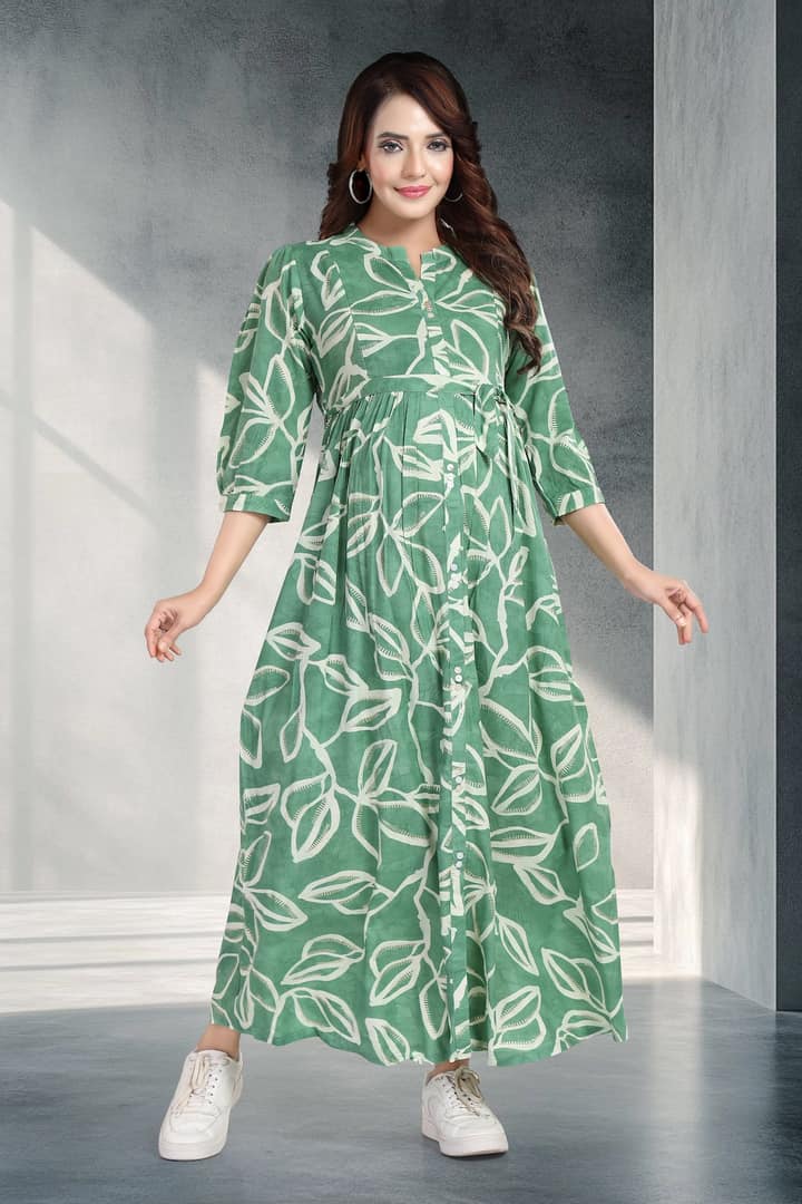 MomsBae Jade Green Printed Maternity Dress, alternate front view