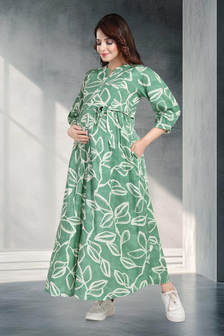 MomsBae Jade Green Printed Maternity Dress, alternate front view